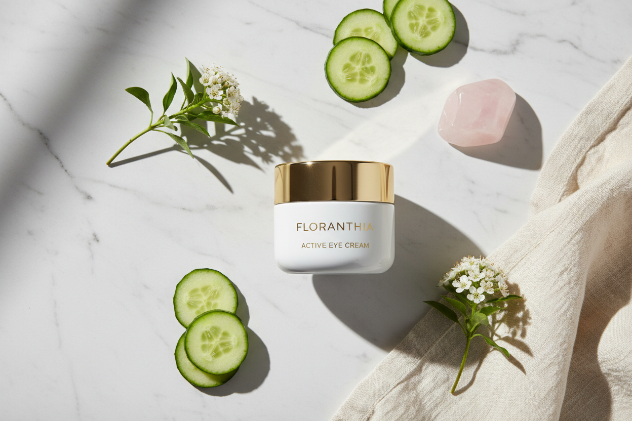 Floranthia Active Eye Cream luxury lifestyle flat lay on white marble with cucumber, white flowers, and rose quartz