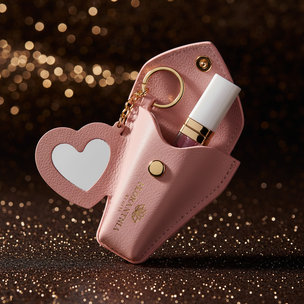 Floranthia Essentials Lip Oil Heart Keychain Case — pink PU leather heart case with gold hardware on dark glamorous background